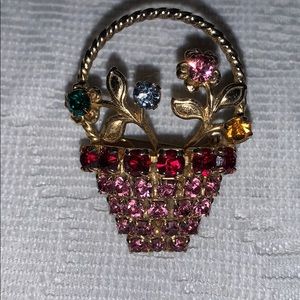 Rhinestone & Gold Tone Flower Basket Brooch/Pin